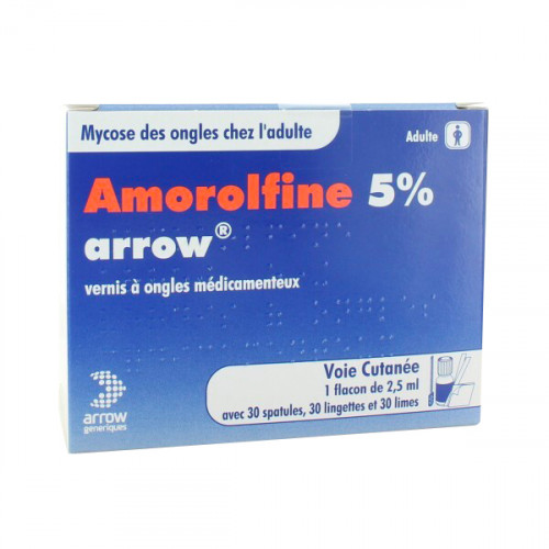 AMOROLFINE ARROW 5 %, vernis à ongles médicamenteux, boîte de 1 flacon (+ 30 spatules et accessoires) de 2,50 ml