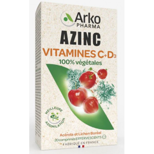 ARKOPHARMA - Azinc Vitamines C+D3 100% Végétales - 20 Comprimés