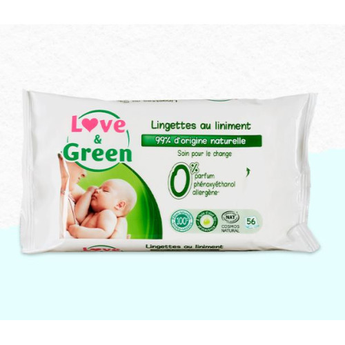 Lingettes et accessoires Love & Green Pack de 56 Lingettes au Liniment 99%  d'Origine Naturelle Spécial Change - Lot de 8 665997