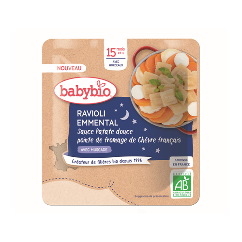 BABYBIO RAVIOLI EMMENTAL SAUCE PATATE DOUCE POINTE DE FROMAGE
