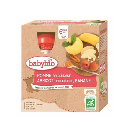 BABYBIO GOURDES FRUITS + 6 Mois Pomme Abricot Banane - 4x90g