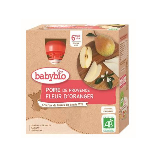 BABYBIO GOURDES FRUITS + 6 Mois Poire Fleur d'Oranger - 4x90g