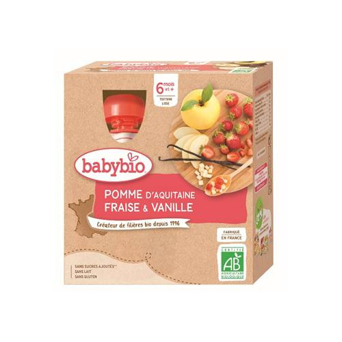 BABYBIO GOURDES FRUITS + 6 Mois Pomme Fraise Vanille - 4x90g