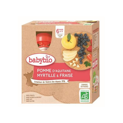 BABYBIO GOURDES FRUITS + 6 Mois Pomme Myrtille Fraise - 4x90g