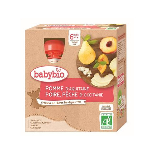 BABYBIO GOURDES FRUITS + 6 Mois Pomme Poire Pêche - 4x90g